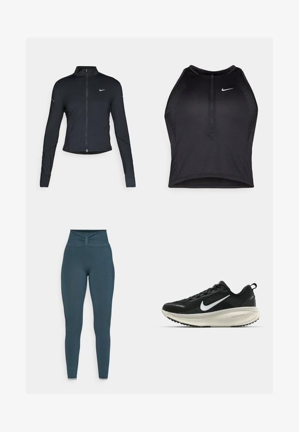 Musta pitkähihainen urheilu takki, jossa on edessä vetoketju ja valkoinen Nike-swoosh-logo vasemmassa rinnassa, suunniteltu slim fit -malliseksi.; Musta urheilullinen crop-top, jossa on vetoketjukiinnitys, verkkokankaiset yksityiskohdat ja istuva malli. Valmistettu joustavasta ja hengittävästä kankaasta. Nike-logo edessä.; Korkeavyötäröiset legginsit tummanturkoosina, joissa on rypytetty yksityiskohta vyötäröllä ja sileä rakenne lahkeissa. Ei kuvioita tai koristeita.; Mustat Nike-juoksukengät, joissa on hengittävä verkko-osa, valkoinen swoosh-logo, teksturoitu yksityiskohtaus ja kermaisen värinen ZoomX-välipohja.