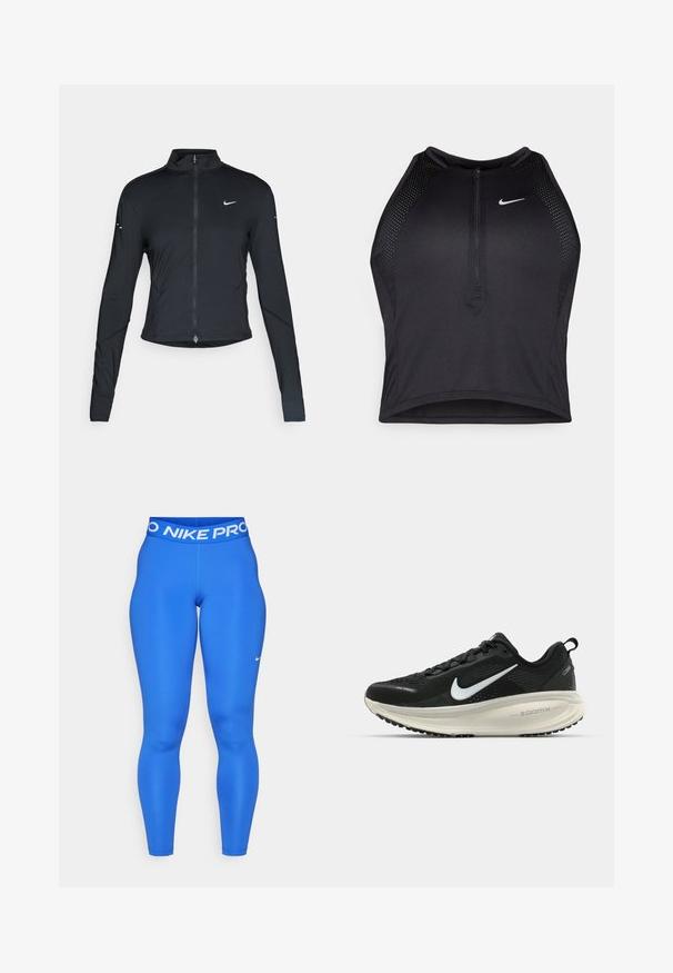Chaqueta atlética negra de manga larga con cremallera frontal y logo de Nike en blanco en el pecho izquierdo, diseñada para un ajuste slim.; Top corto deportivo negro con cremallera frontal, detalles de malla y un diseño ajustado. Fabricado con tejido elástico y transpirable. Logo de Nike en la parte frontal.; Leggings Nike Pro azules con una amplia cintura blanca que presenta el texto "NIKE PRO", hechos de un material suave y elástico en un diseño ajustado.; Zapatilla de running Nike negra con parte superior de malla transpirable, logo Swoosh blanco, detalles texturizados y una entresuela ZoomX de color crema.