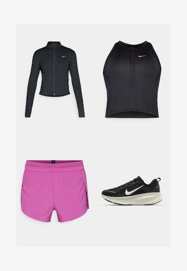 Fekete, hosszú ujjú sportdzseki elején zippzárral és fehér Nike swoosh logóval a bal mellen, karcsú fazonra tervezve.; Fekete sportos crop top, elöl cipzárral, hálós kiegészítőkkel és testhez álló kialakítással. Rugalmas, lélegző anyagból készült. Nike logó elöl.; Rövid, rózsaszín sportnadrág, texturált hálós derékkal, mozgásra optimalizálva, oldalhasítékokkal és egy fekete logóval az egyik oldalon.; Fekete Nike futócipő légáteresztő hálós felsőrésszel, fehér Swoosh logóval, textúrázott részletekkel és krém színű ZoomX középtalppal.