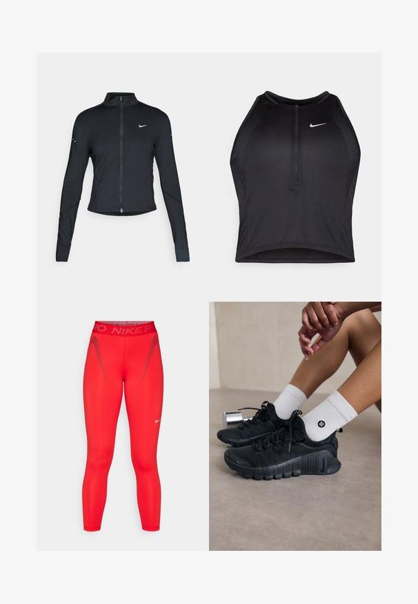 Black long-sleeve athletic jacket with front zipper and white Nike swoosh logo on left chest, designed for a slim fit.; Black athletic crop top with a zip-front, mesh accents, and a fitted design. Made from stretchy, breathable fabric. Nike logo on front.; Red athletic leggings made of stretchy fabric. Features a high waist, reflective accents, and a Nike logo on the lower leg.; Black athletic shoes with textured fabric, laced design, and a prominent sole, paired with white ribbed socks featuring a small logo.
