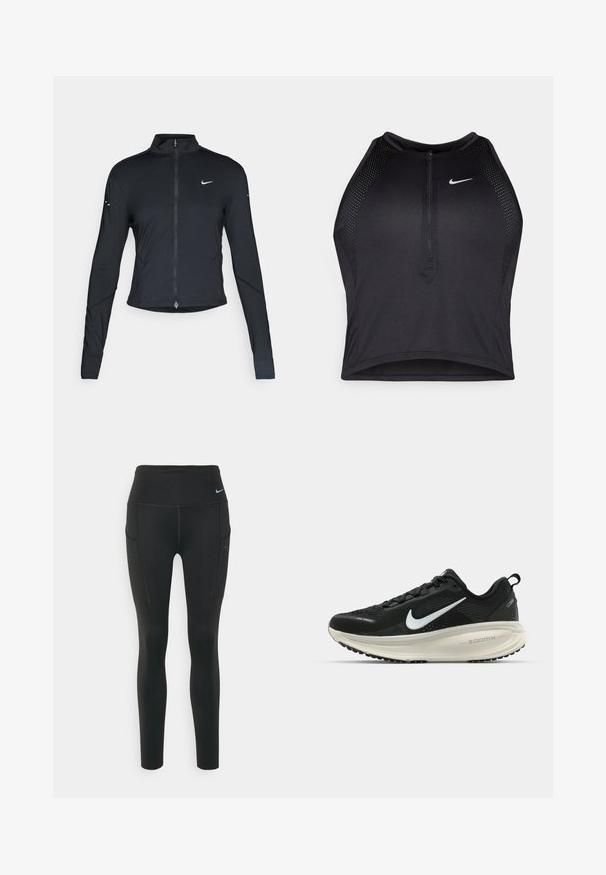 Giacca sportiva nera a maniche lunghe con zip frontale e logo Nike swoosh bianco sul lato sinistro del petto, progettata per una vestibilità slim.; Top corto atletico nero con zip frontale, dettagli in rete e un design aderente. Realizzato in tessuto elasticizzato e traspirante. Logo Nike sul davanti.; Nike Performance NIKE GO WOMEN'S FIRM-SUPPORT HIGH-WAISTED 7/8 LEGGINGS WITH POCKETS - Leggings - black; Scarpa da corsa nera Nike con tomaia in rete traspirante, logo Swoosh bianco, dettagli testurizzati e intersuola ZoomX di colore crema.