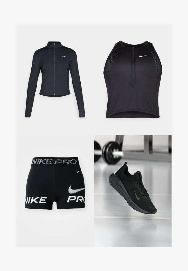 Jachetă sport neagră cu mâneci lungi, fermoar frontal și logo-ul alb al Nike pe pieptul stâng, concepută pentru o croială ajustată.; Top sportiv black, cu croială scurtă, cu fermoar în față, accente din plasă și un design ajustat. Fabricat dintr-un material elastic și respirabil. Logo-ul Nike pe față.; Shorts atletici negri Nike Pro cu logo-uri și text alb Nike pe talie și în față.; Tenisii sport negru cu logo-ul Nike, arătați în aer deasupra podelei de sală de sport, cu un suport pentru haltere neclar în fundal.