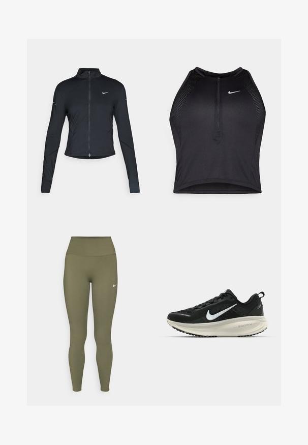 Jaqueta atlética preta de mangas longas com fecho na frente e logótipo do swoosh da Nike branco no peito esquerdo, projetada para um ajuste slim.; Top cropped atlético preto com fecho à frente, acentos em malha e um design ajustado. Feito de tecido elástico e respirável. Logótipo da Nike na frente.; Leggings verde-azeitona com uma cintura alta, feitos de um material liso e elástico, apresentando um pequeno logotipo branco perto da cintura.; Sapatilha de corrida Nike preta com parte superior de malha respirável, logotipo Swoosh branco, detalhes texturizados e uma entressola ZoomX na cor creme.
