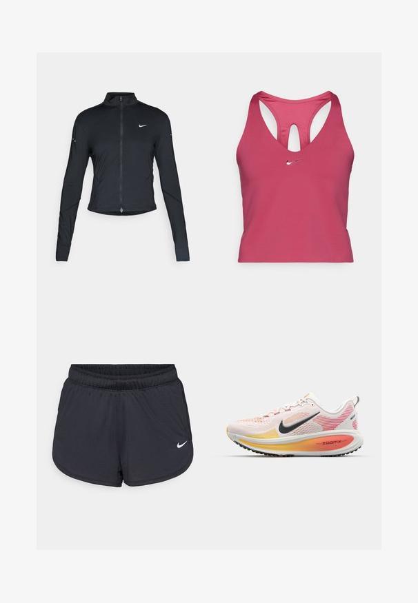 Fekete, hosszú ujjú sportdzseki elején zippzárral és fehér Nike swoosh logóval a bal mellen, karcsú fazonra tervezve.; Rózsaszín Nike sportmelltartó hálós hátrésszel, mély V-kivágással és kivágott részlettel. Kicsi ezüst logóval az elején. Puha, rugalmas anyag.; Fekete sport rövidnadrág elasztikus derékpánttal, sportos kialakítással és egy fehér Nike logóval az elején alul. Texturált anyag.; Nike Performance VOMERO 18 - Utcai futócipők - white/black/bright crimson/laser orange/light crimson