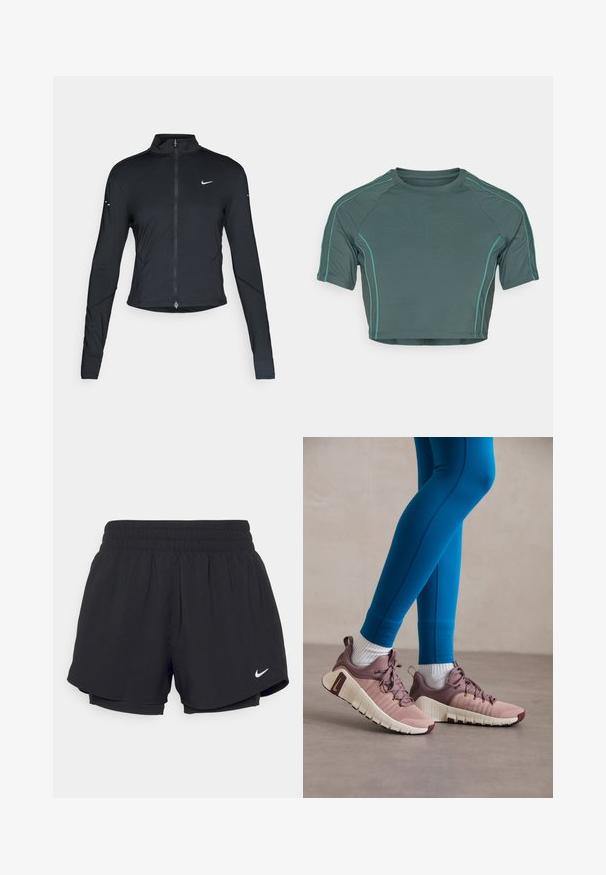 Musta pitkähihainen urheilu takki, jossa on edessä vetoketju ja valkoinen Nike-swoosh-logo vasemmassa rinnassa, suunniteltu slim fit -malliseksi.; Lyhythihainen tummanvihreä crop top, jossa on vaaleanvihreät tikkaukset ja pyöreä pääntie, istuva malli.; Mustat urheilushortsit, joissa on kootut joustovyötärö, vuori ja valkoinen Nike-logo vasemmassa alakulmassa. Suoraviivainen, kevyt kangas.; Urheilukengät vaaleanpunaisina ja beigenä, joissa on tekstuuriset sivupaneelit, ruskeat yksityiskohdat ja joustavat pohjat. Puettu sinisiin legginsseihin ja valkoisiin sukkiin.