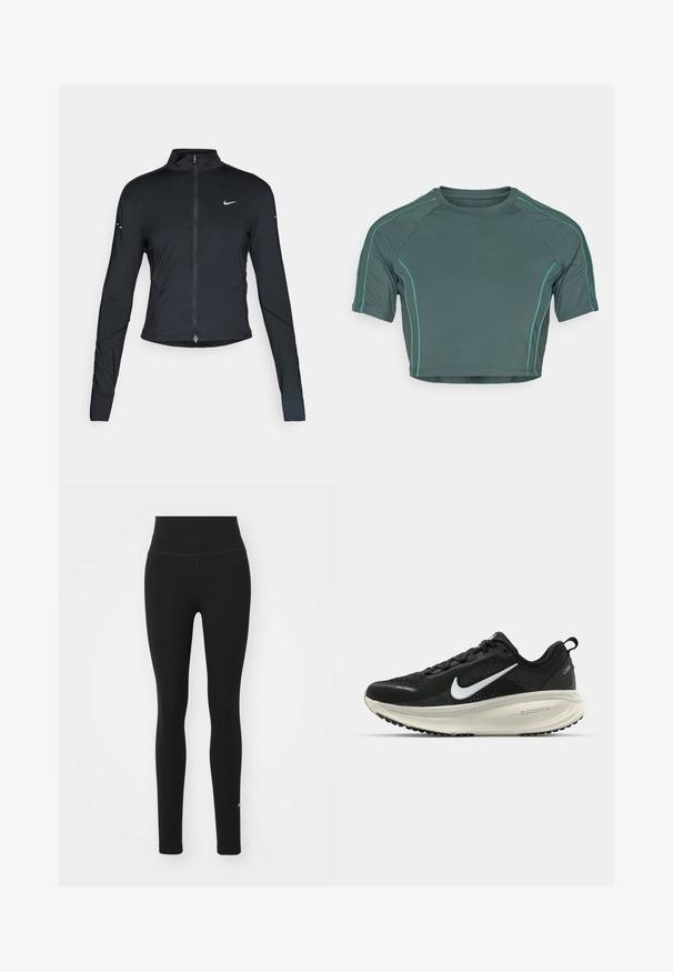 Juoda ilgomis rankovėmis sportinė striukė su priekiniais užtrauktukais ir baltu "Nike" swoosh logotipu kairėje krūtinės pusėje, sukurta siauram pritaikymui.; Tamsiai žalia medžiaga pagamintas trumpas viršus, turintis trumpas rankoves, kontrastingas šviesiai žalias siuvinėjimas ir apvalią iškirptę su prigulusia forma.; Juodos legginsai su aukštu liemeniu, pagaminti iš tamprios medžiagos. Minimalus baltas logotipas prie apatinio krašto. Lygus paviršius, pilno ilgio dizainas.; Juodas Nike sportinis batelis su kvėpuojančiu tinklu, baltu swoosh logotipu, tekstūruoto dizaino detalėmis ir grietinėlės spalvos ZoomX viduriu.