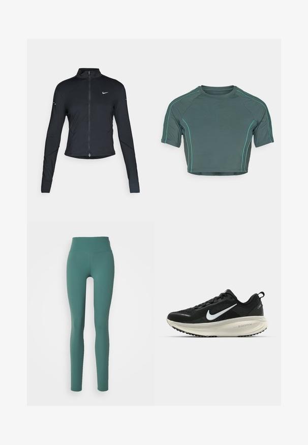 Giacca sportiva nera a maniche lunghe con zip frontale e logo Nike swoosh bianco sul lato sinistro del petto, progettata per una vestibilità slim.; Top corto realizzato in tessuto verde scuro con maniche corte, cuciture a contrasto di un verde chiaro e scollatura tonda con un design aderente.; Leggings verdi a vita alta realizzati in tessuto elasticizzato, con una superficie liscia e un design aderente che si estende fino alle caviglie.; Scarpa da corsa nera Nike con tomaia in rete traspirante, logo Swoosh bianco, dettagli testurizzati e intersuola ZoomX di colore crema.