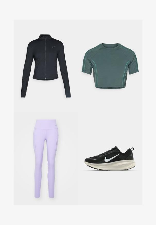 Melnā garo piedurkņu sporta jaka ar priekšējo rāvējslēdzēju un baltu Nike swoosh logo uz kreisā krūts, paredzēta ciešai piegriezei.; Tumšu zaļu audumu izgatavots crop top, kas piedāvā īsas piedurknes, kontrastējošas gaiši zaļas šuvju detaļas un apaļu kakla izgriezumu ar pieguļošu dizainu.; Nike Performance UNIVERSA - Legingi - lilac bloom; Melnas Nike skriešanas kurpes ar elpojošu acs augšdaļu, baltu Swoosh logotipu, strukturētu apdari un krēmkrāsas ZoomX starpsole.