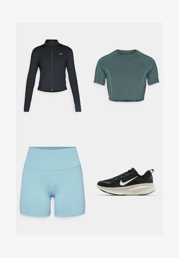 Svart langermet treningsjakke med glidelås foran og hvit Nike swoosh-logo på venstre bryst, designet for en slank passform.; Crop top laget av mørkegrønt stoff med korte ermer, kontrasterende lysgrønn søm, og rund hals med en tettsittende design.; Nike Performance ONE SHORT - Tights - denim turquoise/black; Svart Nike løpesko med pustende mesh-overdel, hvit swoosh-logo, teksturert detaljer og en kremfarget ZoomX mellomsåle.