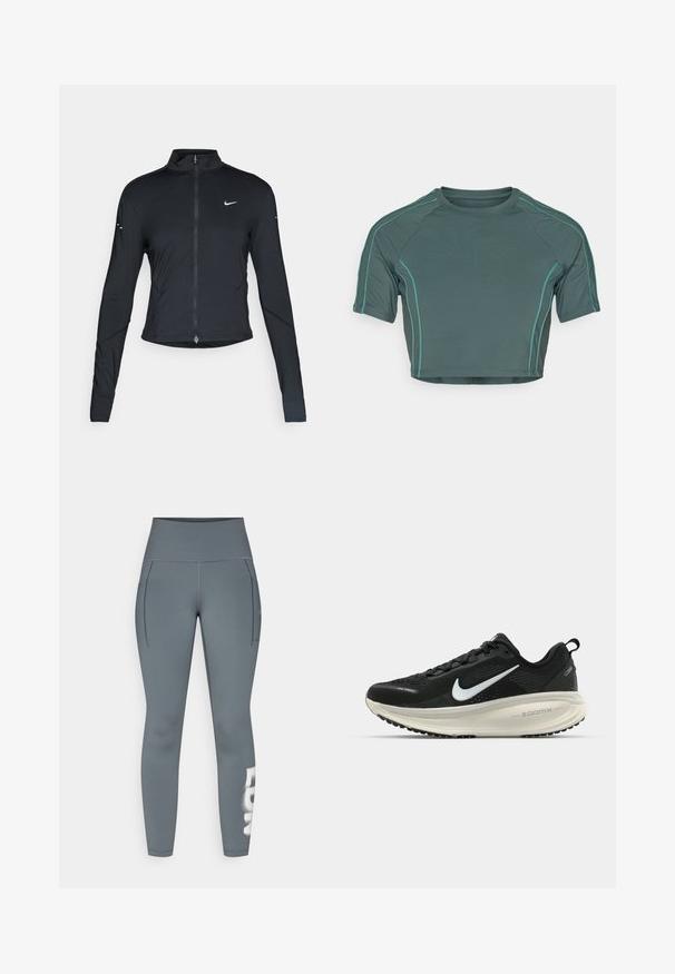 Musta pitkähihainen urheilu takki, jossa on edessä vetoketju ja valkoinen Nike-swoosh-logo vasemmassa rinnassa, suunniteltu slim fit -malliseksi.; Lyhythihainen tummanvihreä crop top, jossa on vaaleanvihreät tikkaukset ja pyöreä pääntie, istuva malli.; Harmaa urheiluhousut, jotka on valmistettu joustavasta materiaalista. Korkea vyötärö, jossa on sivutaskut ja valkoinen painatettu logo alareidessä.; Mustat Nike-juoksukengät, joissa on hengittävä verkko-osa, valkoinen swoosh-logo, teksturoitu yksityiskohtaus ja kermaisen värinen ZoomX-välipohja.