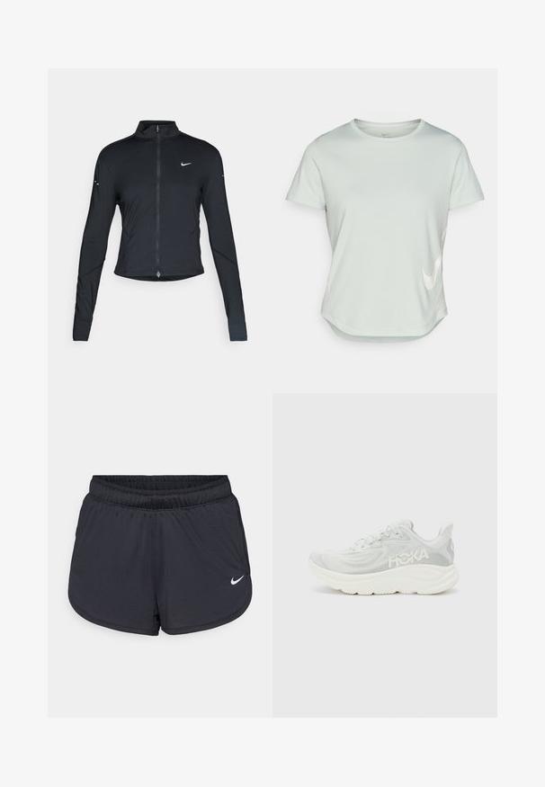Juoda ilgomis rankovėmis sportinė striukė su priekiniais užtrauktukais ir baltu "Nike" swoosh logotipu kairėje krūtinės pusėje, sukurta siauram pritaikymui.; Šviesiai žalia trumpomis rankovėmis sportinė marškinė su apvalia kaklo iškirpte. Priekyje yra baltas Nike logotipas ir išlenktas apvadas. Glotni tekstūra.; Juodi sportiniai šortai su elastine liemene, turintys sportišką dizainą ir baltą Nike logotipą apatinėje priekinėje dalyje. Tekstūruota medžiaga.; Lengvas bėgimo batai balta ir šviesiai pilka tinkleliu, su storu, paminkštintu padu ir šoniniu logotipu. Minimalistinis dizainas su tekstūruota medžiaga.