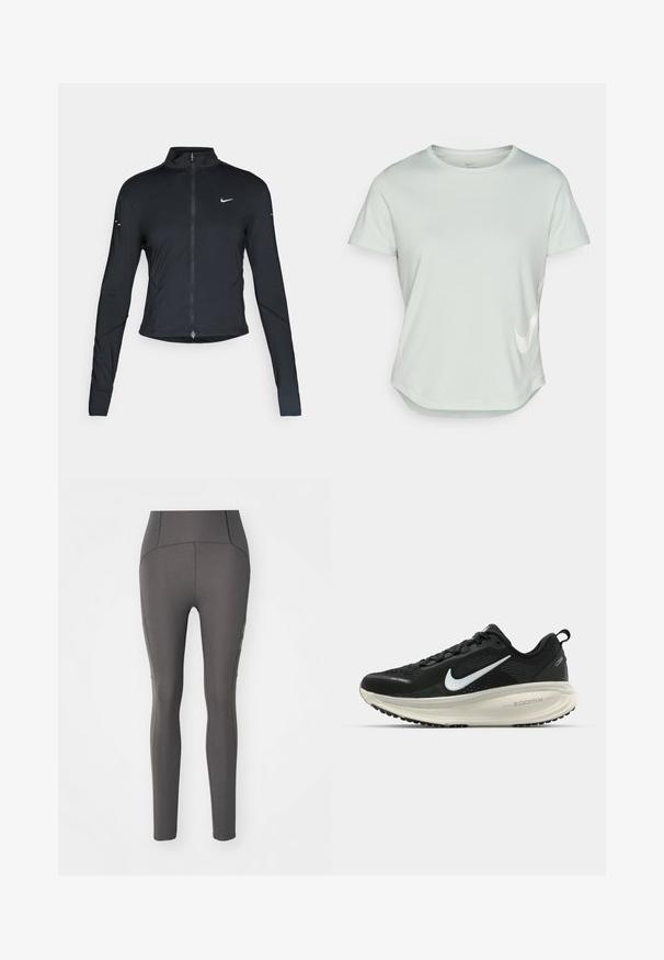 Černá sportovní bunda s dlouhým rukávem, s předním zapínáním na zip a bílým logem Nike swoosh na levé části hrudníku, navržena pro slim fit.; Světlé zelené sportovní tričko s krátkým rukávem a kulatým výstřihem. Na přední straně se nachází bílé logo Nike a zakulacený lem. Hladká textura.; Šedé legíny vyrobené z hladké, elastické látky. Vysoký pas s jemnými švy a přiléhavým střihem.; Černá běžecká obuv Nike s prodyšným síťovaným svrškem, bílým logem swoosh, texturovanými detaily a krémovou mezipodešví ZoomX.