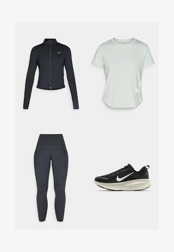Svart långärmad träningsjacka med framdragkedja och vitt Nike-swoosh-logotyp på vänster bröst, designad för en slim fit.; Ljust grönt kortärmat träningsskjorta med rund hals. Har en vit Nike-logotyp på framsidan och en krökt nederkant. Slät textur.; Högmidjade svarta leggings gjorda av stretchigt, mjukt tyg. Har två sidofickor och kontrastsömmar längs sömmarna.; Svart Nike löparsko med andningsbart mesh-ovandel, vit swoosh-logotyp, texturerad detaljering och en krämfärgad ZoomX-mellansula.
