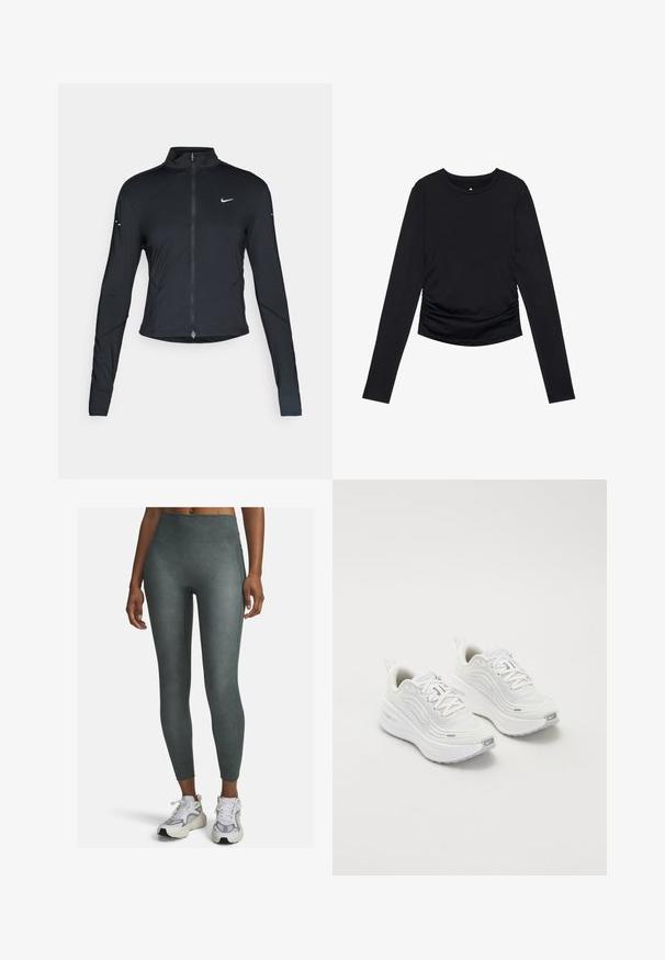 Black long-sleeve athletic jacket with front zipper and white Nike swoosh logo on left chest, designed for a slim fit.; Black long-sleeve top with a round neckline and gathered detailing at the sides, displayed against a plain white background.; High-waisted leggings in a muted green color, made from a smooth, stretchy material with side seams and a fitted design.; White athletic shoes with a textured mesh upper, cushioned sole, and subtle grey accents. Includes branding and looped heel tab for easy wear.