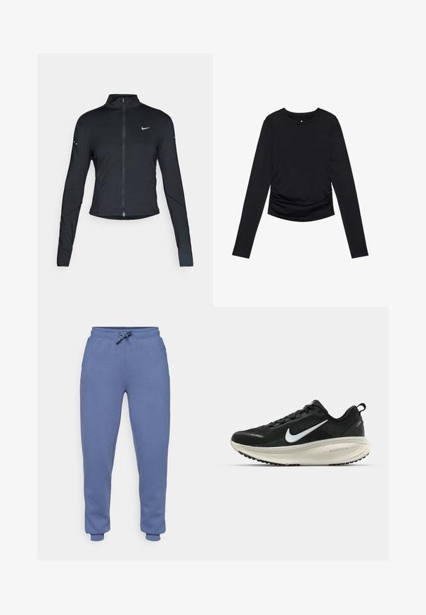Černá sportovní bunda s dlouhým rukávem, s předním zapínáním na zip a bílým logem Nike swoosh na levé části hrudníku, navržena pro slim fit.; Černý dlouhý rukáv top s kulatým výstřihem a nařasením po stranách, vystavený na jednoduchém bílém pozadí.; ONLY Play ONPLOUNGE LIFE - Teplákové kalhoty - vintage indigo; Černá běžecká obuv Nike s prodyšným síťovaným svrškem, bílým logem swoosh, texturovanými detaily a krémovou mezipodešví ZoomX.