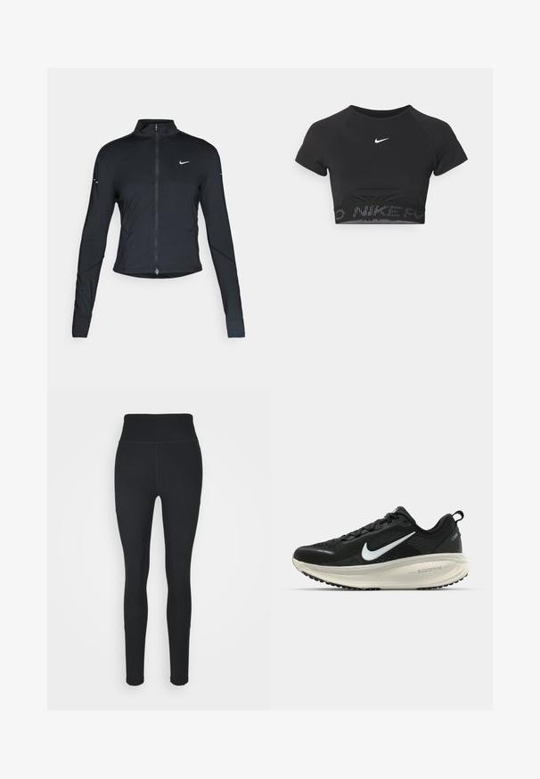 Black long-sleeve athletic jacket with front zipper and white Nike swoosh logo on left chest, designed for a slim fit.; Black cropped sports top with short sleeves, featuring a white Nike logo and a textured band with "NIKE" in a pattern at the hem.; Black leggings made of stretchy fabric, featuring a high waistband, ribbed panels on the sides, and a fitted design tapering at the ankles.; Black Nike running shoe with breathable mesh upper, white swoosh logo, textured detailing, and a cream-colored ZoomX midsole.