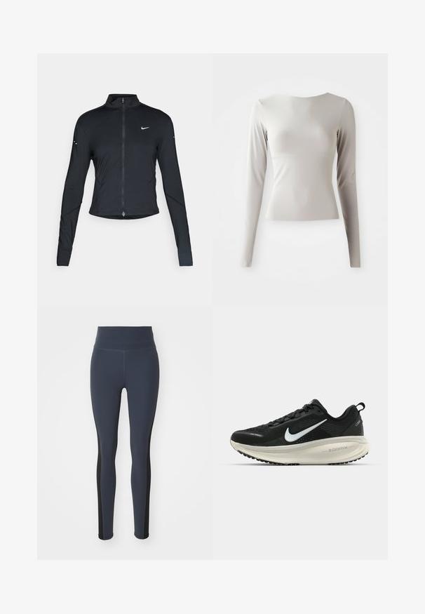 Black long-sleeve athletic jacket with front zipper and white Nike swoosh logo on left chest, designed for a slim fit.; Light grey long-sleeve top made of sleek, smooth fabric with a round neckline and a fitted silhouette. Hem is slightly flared at the bottom.; Navy blue leggings made of stretch fabric, featuring black side panels and a high waistband. Smooth texture with a fitted design.; Black Nike running shoe with breathable mesh upper, white swoosh logo, textured detailing, and a cream-colored ZoomX midsole.