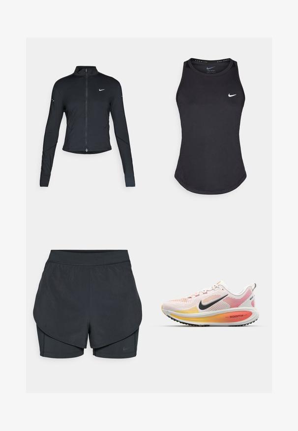 Svart langermet treningsjakke med glidelås foran og hvit Nike swoosh-logo på venstre bryst, designet for en slank passform.; Svart atletisk tanktopp laget av fukttransporterende materiale. Har rund hals, slim fit og hvit Nike-logo på brystet.; Svart idrettsshorts med lagdelt design, som har et glatt ytre lag og tettsittende indre shorts. Laget av lett, elastisk stoff.; Nike Performance VOMERO 18 - Løpesko for vei - white/black/bright crimson/laser orange/light crimson