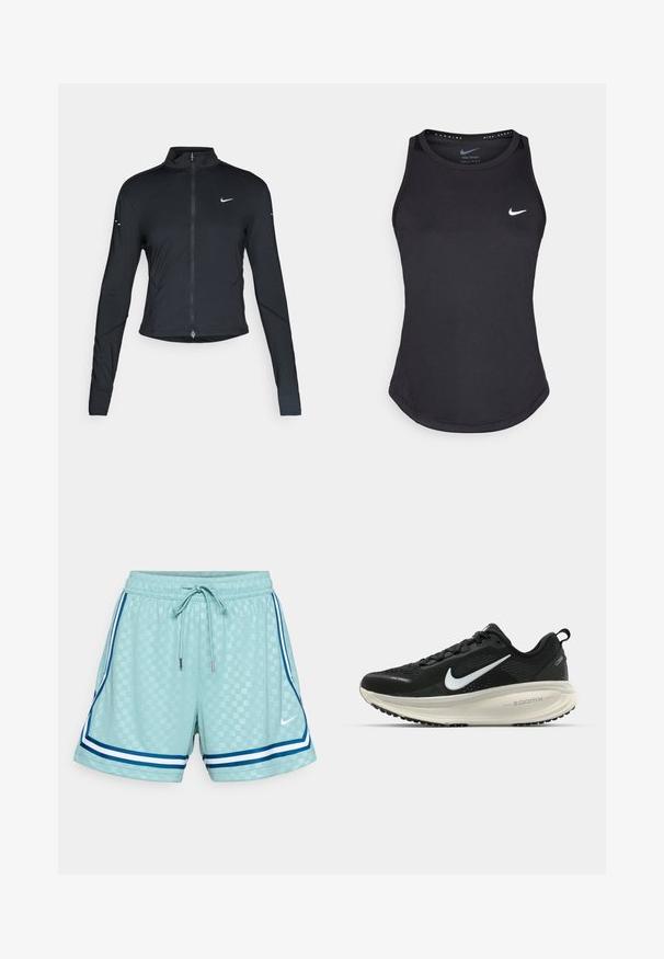 Jachetă sport neagră cu mâneci lungi, fermoar frontal și logo-ul alb al Nike pe pieptul stâng, concepută pentru o croială ajustată.; Tricou sport negru fără mâneci, fabricat dintr-un material care absoarbe umezeala. Are un decolteu rotund, o croială ajustată și un logo alb Nike pe piept.; Șorturi de culoare albastru deschis cu un model texturat în grilaj, talie elastică, șnur ajustabil și dungi albastre și albe pe laterale. Logo-ul Nike pe față.; Pantofii de alergare negri de la Nike, cu parte superioară din plasă respirabilă, logo-ul alb Swoosh, detalii texturate și o talpă intermediară ZoomX de culoare crem.
