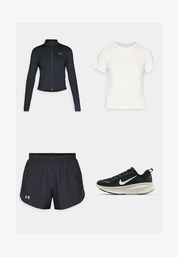Svart langermet treningsjakke med glidelås foran og hvit Nike swoosh-logo på venstre bryst, designet for en slank passform.; Lett, hvit T-skjorte med korte ermer, rund hals, og en liten logo i øvre venstre hjørne. Glatt stoff med en subtil glans.; Sorte idrettsshorts laget av lett materiale med elastisk midje, sidelommer og en liten logo på nedre venstre ben.; Svart Nike løpesko med pustende mesh-overdel, hvit swoosh-logo, teksturert detaljer og en kremfarget ZoomX mellomsåle.