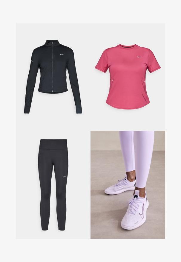 Schwarze, langärmelige Sportjacke mit Frontreißverschluss und weißem Nike-Swoosh-Logo auf der linken Brust, entworfen für eine schlanke Passform.; Kurzarm-Sportshirt aus leuchtend pinkem Stoff mit Rundhalsausschnitt, ausgestattet mit einem kleinen weißen Logo auf der Brust und einem minimalistischen Design.; Schwarze Leggings aus elastischem Stoff, mit einem hohen Bund und einem weißen Nike-Logo auf dem linken Oberschenkel. Glatte Textur, figurbetontes Design.; Nike Performance FREE RN FK NATURE - Laufschuh Straße - lilac bloom/black/barely grape/vivid purple