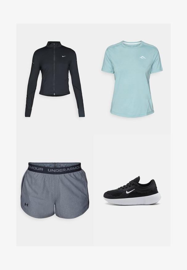 Melnā garo piedurkņu sporta jaka ar priekšējo rāvējslēdzēju un baltu Nike swoosh logo uz kreisā krūts, paredzēta ciešai piegriezei.; Gaiši zils īsām piedurknēm T-krekls, izgatavots no mīksta auduma, ar apaļu dekoltē un mazu baltu logo uz krūšu daļas. Redzamas šuvju detaļas.; Pelēki sporta šorti ar melnu elastīgu jostasvietu, uz kuras ir "UNDER ARMOUR" logo. Izgatavoti no teksturēta auduma ar gludu apdari.; Melna sporta apava ar acs audumu augšdaļu, teksturētu dizainu, apaļu purngalu, baltu gumijas zoli un Nike logotipu sānos.