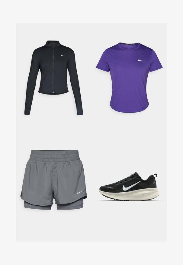 Svart långärmad träningsjacka med framdragkedja och vitt Nike-swoosh-logotyp på vänster bröst, designad för en slim fit.; Lila atletisk t-shirt tillverkad av fukttransporterande tyg, med korta ärmar och rundad halsringning. Litet vitt logotyp på bröstet.; Nike Performance ONE - Dubbla shorts - iron grey/reflective silver; Svart Nike löparsko med andningsbart mesh-ovandel, vit swoosh-logotyp, texturerad detaljering och en krämfärgad ZoomX-mellansula.