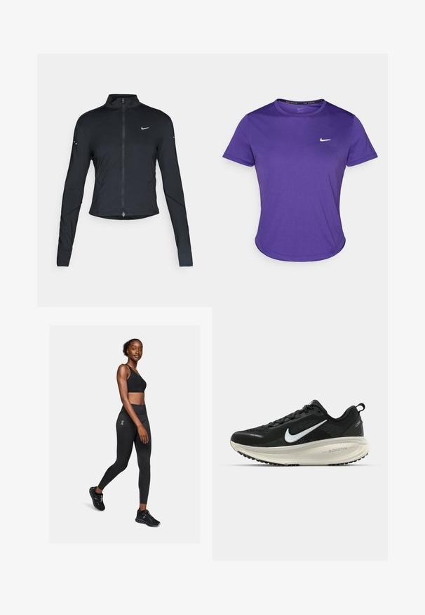 Črna dolgoprogaška jakna s dolgimi rokavi, z zadrgo spredaj in belim logotipom Nike na levem prsnem delu, zasnovana za ohlapno prileganje.; Vijolična atletska majica iz materiala, ki odvaja vlago, z kratkimi rokavi in okroglim izrezom. Majhen bel logotip na prsih.; Črn športni modrček in legice iz raztegljivega materiala, z visokim pasom in logotipom, v kombinaciji s črnimi športnimi čevlji.; Črne Nike tekaške čevlje z zračno mrežno zgornjim delom, belim logotipom Swoosh, teksturiranimi detajli in smetanasto barvnim srednjim delom ZoomX.