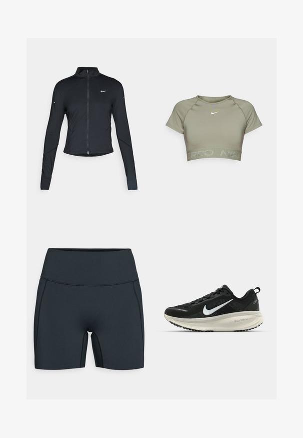 Must have pika, pikkade varrukatega sportlik jakk, ees lukuga ja valge Nike swooshi logo vasakul rinnal, mõeldud kitsaks sobivuseks.; Õlivärvi lühikeste varrukatega sporditopp, mis on valmistatud siledast kangast, ümarate krae ja kergelt halli logo keskel rinnal.; Mustad mustad spordilühikesed püksid, mis on valmistatud venivast kangast, kõrge vöökoha, külgõmbluste ja stiilse disainiga mugavuse ja liikuvuse tagamiseks.; Musthave mustus Nike jooksujalats, millel on hingav võrgust ülemine osa, valge swoosh logo, tekstuuriga detailid ja kreemja värvusega ZoomX vahevöö.
