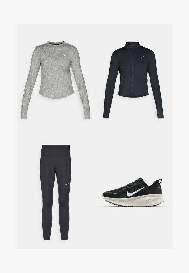 Chaqueta atlética negra de manga larga con cremallera frontal y logo de Nike en blanco en el pecho izquierdo, diseñada para un ajuste slim.; Camisa atlética de manga larga gris, hecha de una tela ligera y texturizada. Presenta un dobladillo redondeado y un pequeño logo blanco en el lado izquierdo del pecho.; Leggings negras de tela elástica, con una cintura alta y un logo blanco de Nike en el muslo izquierdo. Textura suave, diseño ajustado.; Zapatilla de running Nike negra con parte superior de malla transpirable, logo Swoosh blanco, detalles texturizados y una entresuela ZoomX de color crema.