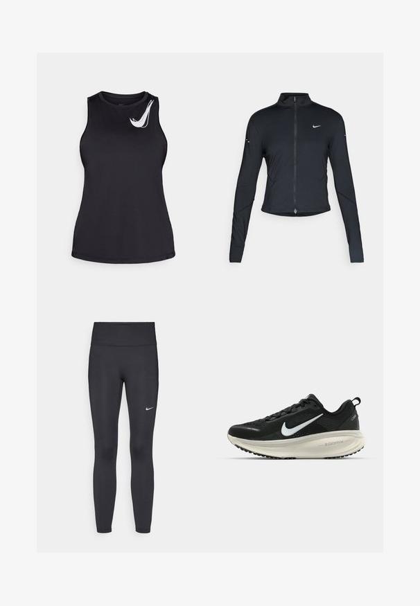 Musta pitkähihainen urheilu takki, jossa on edessä vetoketju ja valkoinen Nike-swoosh-logo vasemmassa rinnassa, suunniteltu slim fit -malliseksi.; Musta ilmanhiha athletic -paita, joka on valmistettu sileästä kankaasta, ja jossa on pyöreä pääntie sekä valkoinen logo vasemmalla olkapäällä.; Mustat leggingsit joustavasta kankaasta, joissa on korkea vyötärö ja valkoinen Nike-logo vasemmassa reidessä. Sileä pinta, muotoaan myötäilevä suunnittelu.; Mustat Nike-juoksukengät, joissa on hengittävä verkko-osa, valkoinen swoosh-logo, teksturoitu yksityiskohtaus ja kermaisen värinen ZoomX-välipohja.