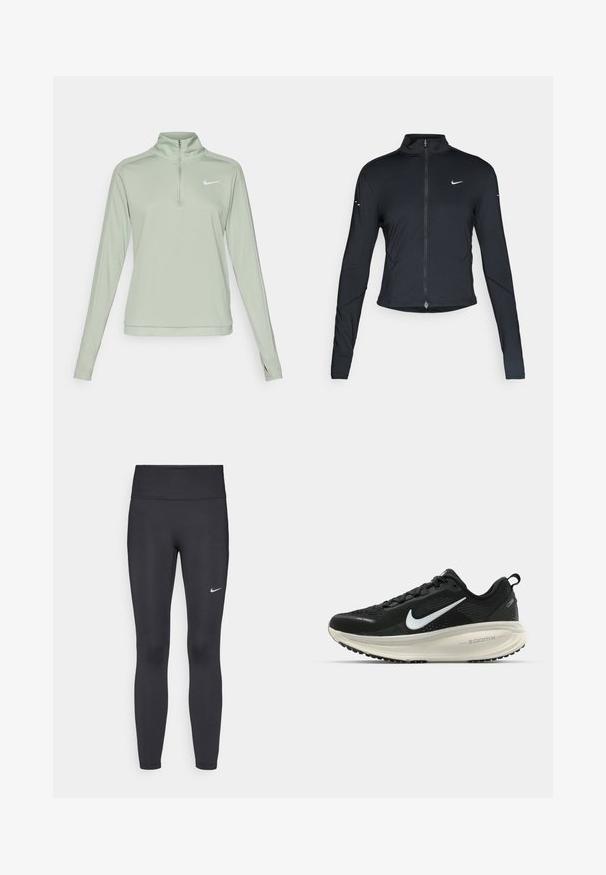 Svart långärmad träningsjacka med framdragkedja och vitt Nike-swoosh-logotyp på vänster bröst, designad för en slim fit.; Nike Performance DRI-FIT PACER - Långärmad tröja - jade horizon; Svarta leggings i elastiskt material, med hög midja och en vit Nike-logga på vänster lår. Slät textur, figurnära design.; Svart Nike löparsko med andningsbart mesh-ovandel, vit swoosh-logotyp, texturerad detaljering och en krämfärgad ZoomX-mellansula.