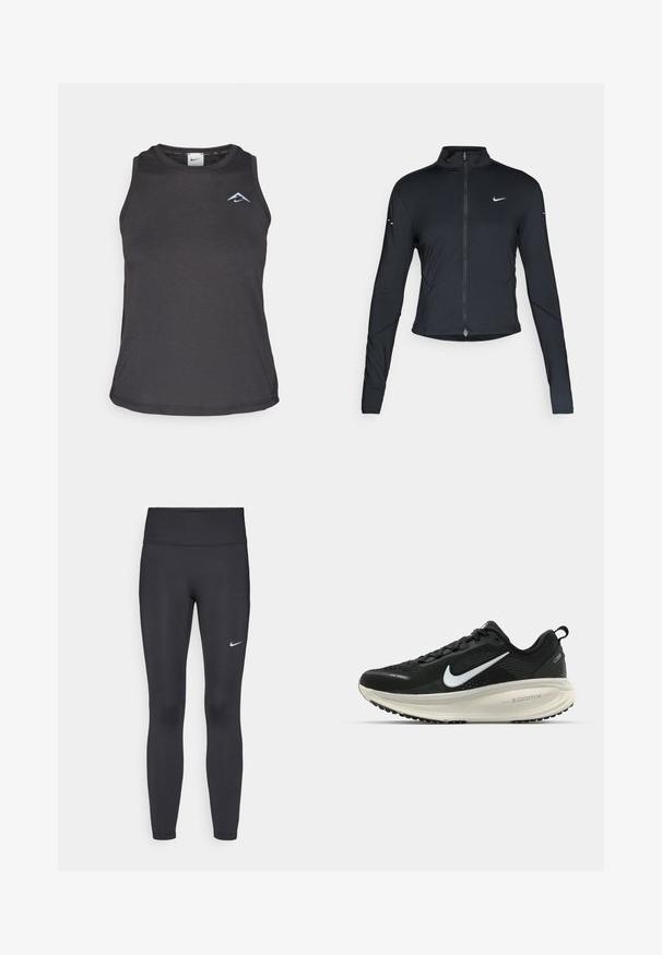 Black long-sleeve athletic jacket with front zipper and white Nike swoosh logo on left chest, designed for a slim fit.; Black athletic tank top with a round neckline, featuring a small blue logo on the chest and smooth, lightweight fabric.; Black leggings made of stretchy fabric, featuring a high waistband and a white Nike logo on the left thigh. Smooth texture, form-fitting design.; Black Nike running shoe with breathable mesh upper, white swoosh logo, textured detailing, and a cream-colored ZoomX midsole.