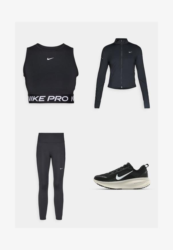 Musta pitkähihainen urheilu takki, jossa on edessä vetoketju ja valkoinen Nike-swoosh-logo vasemmassa rinnassa, suunniteltu slim fit -malliseksi.; Musta urheiluliivi, jossa on korkea kaula-aukko ja paksu vyö, jossa lukee "NIKE PRO" valkoisella. Valmistettu sileästä, joustavasta materiaalista. Nike-logo rinnassa.; Mustat leggingsit joustavasta kankaasta, joissa on korkea vyötärö ja valkoinen Nike-logo vasemmassa reidessä. Sileä pinta, muotoaan myötäilevä suunnittelu.; Mustat Nike-juoksukengät, joissa on hengittävä verkko-osa, valkoinen swoosh-logo, teksturoitu yksityiskohtaus ja kermaisen värinen ZoomX-välipohja.