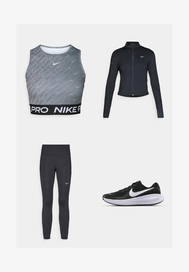 Schwarze, langärmelige Sportjacke mit Frontreißverschluss und weißem Nike-Swoosh-Logo auf der linken Brust, entworfen für eine schlanke Passform.; Nike Pro verkürzter Sport-BH in Grau mit schwarzem Gummibund. Besitzt vertikale Streifen und ein dezentes Logo-Muster. Glatte Textur, ärmelloses Design.; Schwarze Leggings aus elastischem Stoff, mit einem hohen Bund und einem weißen Nike-Logo auf dem linken Oberschenkel. Glatte Textur, figurbetontes Design.; Schwarzer Sportschuh mit einem strukturierten Mesh-Obermaterial, weißem Swoosh-Logo, gepolstertem Kragen und einer dicken, gepolsterten weißen Zwischensohle. Gummilaufsohle.