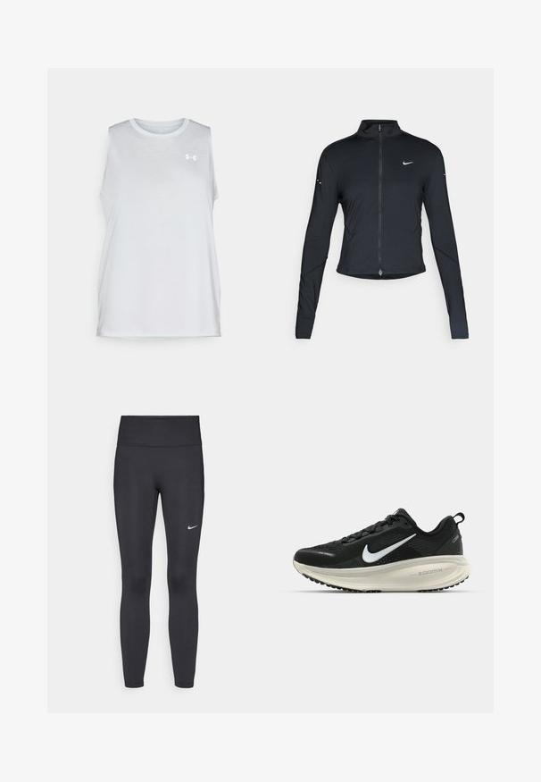 Čierna športová bunda s dlhým rukávom, s predným zipsom a bielym logom Nike swoosh na ľavom prsníku, navrhnutá na tesný strih.; Svetlo šedý bezrukávový športový top s okrúhlym výstrihom, jemnou textúrou a malým bielym logom na ľavej hrudi. Hladký, uvoľnený strih.; Čierne legíny z elastického materiálu, s vysokým pásom a bielym logom Nike na ľavom stehne. Hladká textúra, priliehavý dizajn.; Čierne bežecké topánky Nike s priedušnou sieťovinou, bielym logom s symbolom swoosh, textúrovanými detailmi a krémovou ZoomX medzipodrážkou.