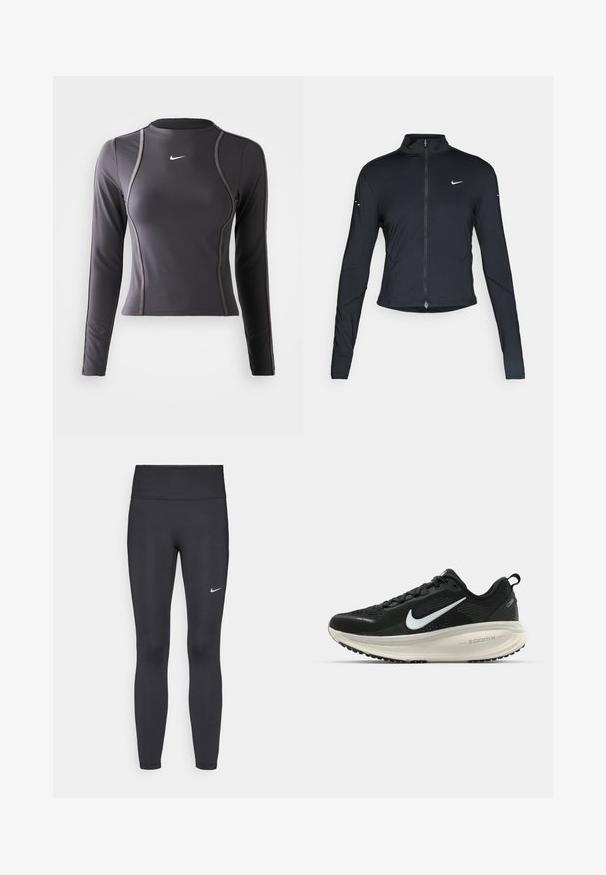 Zwarte lange mouwen sportjack met rits aan de voorkant en wit Nike swoosh-logo op de linkerborst, ontworpen voor een slank figuur.; Langarm sporttop in donkergrijs, gemaakt van rekbaar materiaal, met een ronde halslijn en contrasterende stiksels. Nike-logo op de borst.; Zwarte legging van rekbare stof met een hoge tailleband en een wit Nike-logo op de linkerdij. Gladde textuur, aansluitend ontwerp.; Zwarte Nike hardloopschoen met ademend mesh bovenwerk, witte swoosh-logo, gestructureerde details en een crèmekleurige ZoomX middenzool.