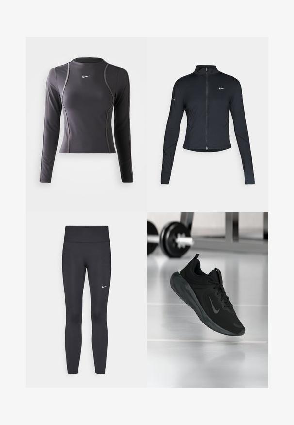 Juoda ilgomis rankovėmis sportinė striukė su priekiniais užtrauktukais ir baltu "Nike" swoosh logotipu kairėje krūtinės pusėje, sukurta siauram pritaikymui.; Ilgų rankovių sportinis džemperis tamsiai pilkos spalvos, pagamintas iš elastingos medžiagos, turintis apvalų iškirpimą ir kontrastingą siuvimą. Nike logotipas ant krūtinės.; Juodi leggingai iš elastingos medžiagos, turintys aukštą juosmenį ir baltą Nike logotipą kairėje šlaunyje. Lygus paviršius, prigludusi dizainas.; Juodas sportinis sportbačiai su Nike logotipu, pavaizduoti ore virš sporto salės grindų, fone išblurinta hantelių laikiklis.