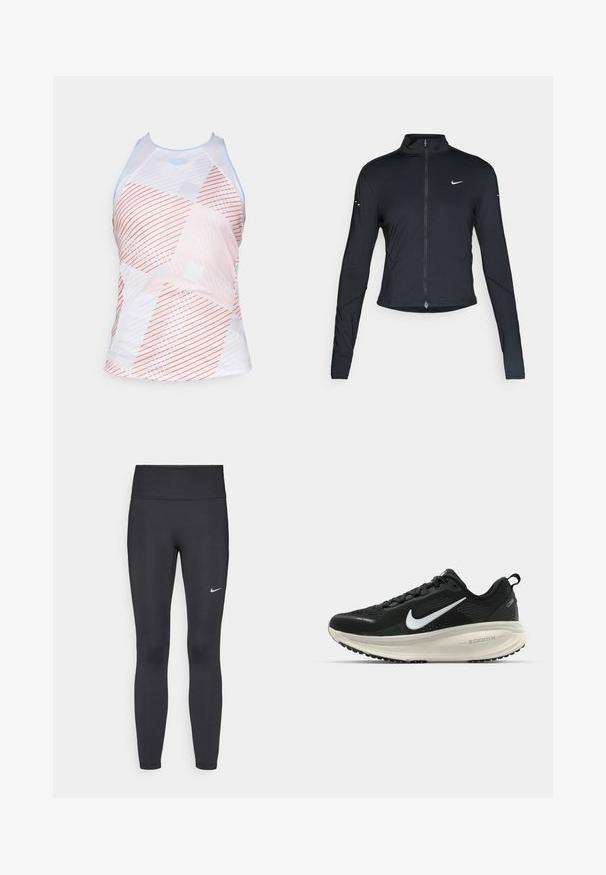 Black long-sleeve athletic jacket with front zipper and white Nike swoosh logo on left chest, designed for a slim fit.; White athletic tank top with a geometric pattern in coral, gray, and light blue. Features a high neckline and sporty cut.; Black leggings made of stretchy fabric, featuring a high waistband and a white Nike logo on the left thigh. Smooth texture, form-fitting design.; Black Nike running shoe with breathable mesh upper, white swoosh logo, textured detailing, and a cream-colored ZoomX midsole.