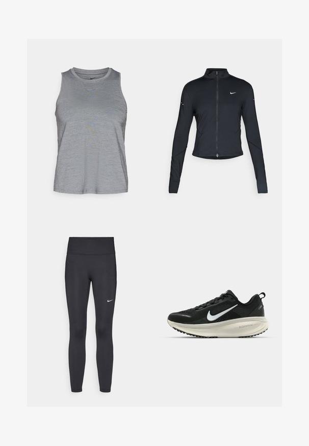 Črna dolgoprogaška jakna s dolgimi rokavi, z zadrgo spredaj in belim logotipom Nike na levem prsnem delu, zasnovana za ohlapno prileganje.; Nike Performance ONE CLASSIC TANK - Top - smoke grey/black; Črne legice iz elastične tkanine, z visokim pasom in belim Nike logo na levem stegnu. Gladka tekstura, oblikovno prilegajoč dizajn.; Črne Nike tekaške čevlje z zračno mrežno zgornjim delom, belim logotipom Swoosh, teksturiranimi detajli in smetanasto barvnim srednjim delom ZoomX.