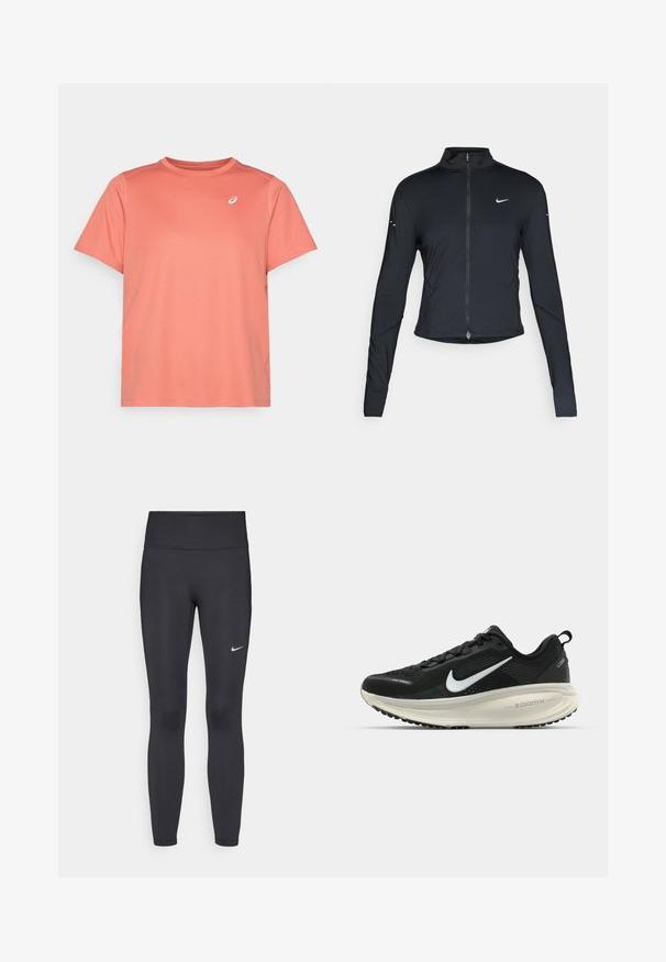 Fekete, hosszú ujjú sportdzseki elején zippzárral és fehér Nike swoosh logóval a bal mellen, karcsú fazonra tervezve.; Rövid ujjú sportpóló korall színben, textúrált anyagból, kerek nyakkal és egy kis fehér logóval a bal felső mellen.; Fekete leggings elasztikus anyagból, magas derékkal és fehér Nike logóval a bal combon. Simább textúra, testhez álló kialakítás.; Fekete Nike futócipő légáteresztő hálós felsőrésszel, fehér Swoosh logóval, textúrázott részletekkel és krém színű ZoomX középtalppal.