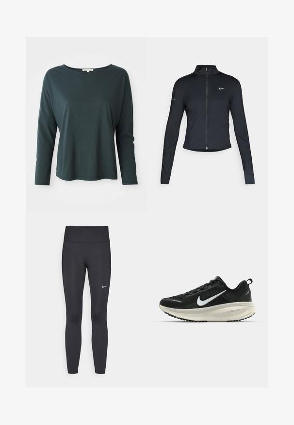 Svart langermet treningsjakke med glidelås foran og hvit Nike swoosh-logo på venstre bryst, designet for en slank passform.; Mørk teal langermet avslappet skjorte med båtutringning på hvit bakgrunn, størrelse liten, myk lettvektig stoff.; Sorte leggings laget av elastisk stoff, med høy livlinje og en hvit Nike-logo på venstre lår. Glatt tekstur, kroppsnær passform.; Svart Nike løpesko med pustende mesh-overdel, hvit swoosh-logo, teksturert detaljer og en kremfarget ZoomX mellomsåle.