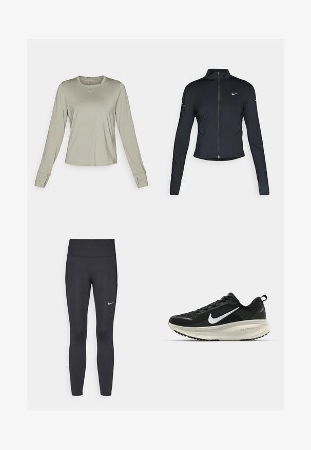 Zwarte lange mouwen sportjack met rits aan de voorkant en wit Nike swoosh-logo op de linkerborst, ontworpen voor een slank figuur.; Nike Performance ONE CLASSIC TOP - Longsleeve - light army/black; Zwarte legging van rekbare stof met een hoge tailleband en een wit Nike-logo op de linkerdij. Gladde textuur, aansluitend ontwerp.; Zwarte Nike hardloopschoen met ademend mesh bovenwerk, witte swoosh-logo, gestructureerde details en een crèmekleurige ZoomX middenzool.