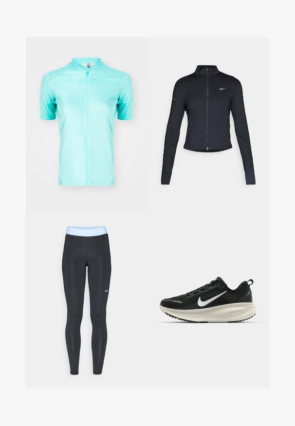 Jachetă sport neagră cu mâneci lungi, fermoar frontal și logo-ul alb al Nike pe pieptul stâng, concepută pentru o croială ajustată.; Tricou de ciclism cu mânecă scurtă, de culoare teal deschis, realizat dintr-un material respirabil, cu fermoar complet pe față și panouri din plasă pentru ventilație.; Leggings atletice negre cu un elastic de dimensiuni mici de culoare albastru deschis, având inscripția "NIKE PRO"; textură netedă și design ajustat. Logo-ul alb Nike pe partea stângă.; Pantofii de alergare negri de la Nike, cu parte superioară din plasă respirabilă, logo-ul alb Swoosh, detalii texturate și o talpă intermediară ZoomX de culoare crem.
