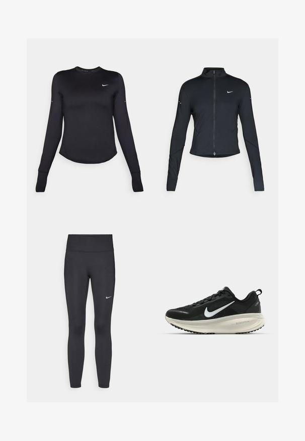 Czarna, długorękawowa, sportowa kurtka z zamkiem błyskawicznym z przodu i białym logo Nike swoosh na lewej piersi, zaprojektowana z myślą o szczupłym kroju.; Czarna, długosweterowa koszulka sportowa wykonana z gładkiego, elastycznego materiału. Charakteryzuje się zaokrąglonym dołem oraz małym białym logo Nike na piersi.; Czarne legginsy z elastycznego materiału, z wysokim pasem i białym logo Nike na lewym udzie. Gładka tekstura, dopasowany krój.; Czarna biegowa półbut z oddychającej siateczki, białym logo swoosh, teksturowanymi detalami oraz kremową podeszwą środkową ZoomX.