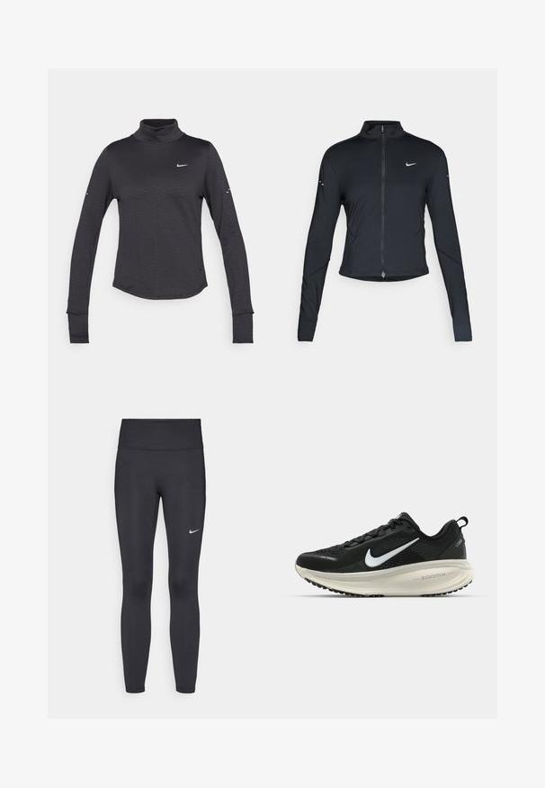 Black long-sleeve athletic jacket with front zipper and white Nike swoosh logo on left chest, designed for a slim fit.; Black long-sleeve turtleneck shirt with a subtle textured pattern, featuring a small white Nike logo on the chest and thumbholes in the cuffs.; Black leggings made of stretchy fabric, featuring a high waistband and a white Nike logo on the left thigh. Smooth texture, form-fitting design.; Black Nike running shoe with breathable mesh upper, white swoosh logo, textured detailing, and a cream-colored ZoomX midsole.