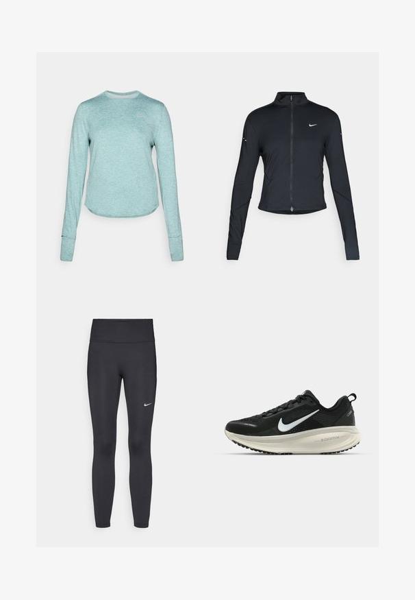 Svart långärmad träningsjacka med framdragkedja och vitt Nike-swoosh-logotyp på vänster bröst, designad för en slim fit.; Långärmad, ljus teal träningströja. Tillverkad av textil med fukttransporterande egenskaper, med rundad nederkant och tumhål på ärmarna.; Svarta leggings i elastiskt material, med hög midja och en vit Nike-logga på vänster lår. Slät textur, figurnära design.; Svart Nike löparsko med andningsbart mesh-ovandel, vit swoosh-logotyp, texturerad detaljering och en krämfärgad ZoomX-mellansula.