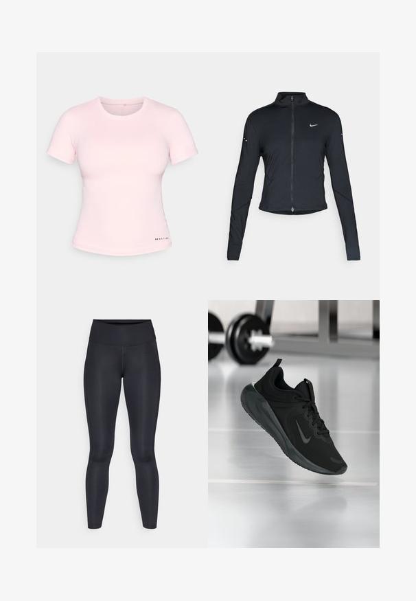 Black long-sleeve athletic jacket with front zipper and white Nike swoosh logo on left chest, designed for a slim fit.; P.E Nation FOUNDATION TEE - Basic T-shirt - chalk pink; Black leggings made of smooth, stretchy fabric. High waist with no visible patterns or accents. Fit closely from waist to ankles.; Black sports sneaker with Nike logo, shown mid-air on gym floor, with blurred dumbbell rack in background.