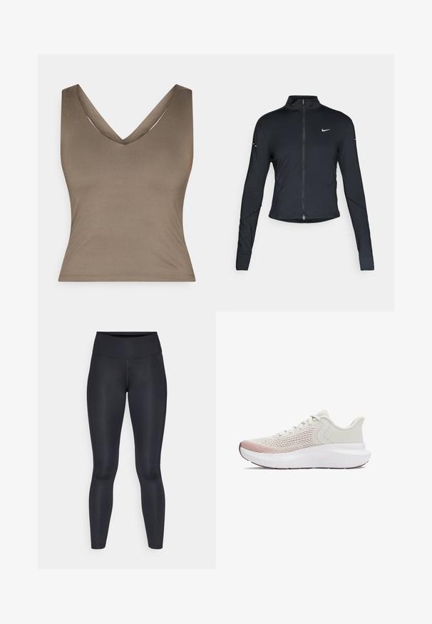 Juoda ilgomis rankovėmis sportinė striukė su priekiniais užtrauktukais ir baltu "Nike" swoosh logotipu kairėje krūtinės pusėje, sukurta siauram pritaikymui.; Rudas be rankovių palaidinė su giliu V formos iškirpimu, pagaminta iš lygaus audinio. Palaidinė turi prigludusią siluetą ir švarią, minimalią siuvimo liniją.; Juodos leggingos, pagamintos iš lygios, tamprios medžiagos. Aukštas liemuo, be matomų raštų ar akcentų. Tvirtai priglunda prie kūno nuo liemens iki kulkšnies.; Lengvi sportiniai bateliai su kvėpuojančiu baltu tinkleliu, gradientiniais rožiniais akcentais ir storesne balta nėriniuota padu.