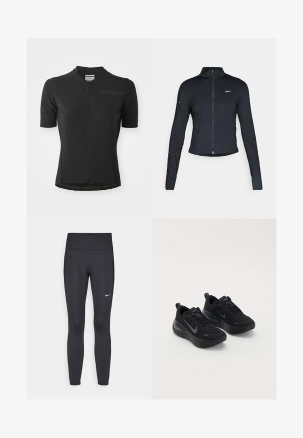 Svart långärmad träningsjacka med framdragkedja och vitt Nike-swoosh-logotyp på vänster bröst, designad för en slim fit.; Svart cykeltröja i fukttransportande tyg; har en kort dragkedja, korta ärmar och en logotyp längs nederkanten.; Svarta leggings i elastiskt material, med hög midja och en vit Nike-logga på vänster lår. Slät textur, figurnära design.; Svarta träningsskor med en texturerad ovandel, snörningsdesign och en tjock, vadderad sula. Har en grå Nike-logotyp på varje sida.
